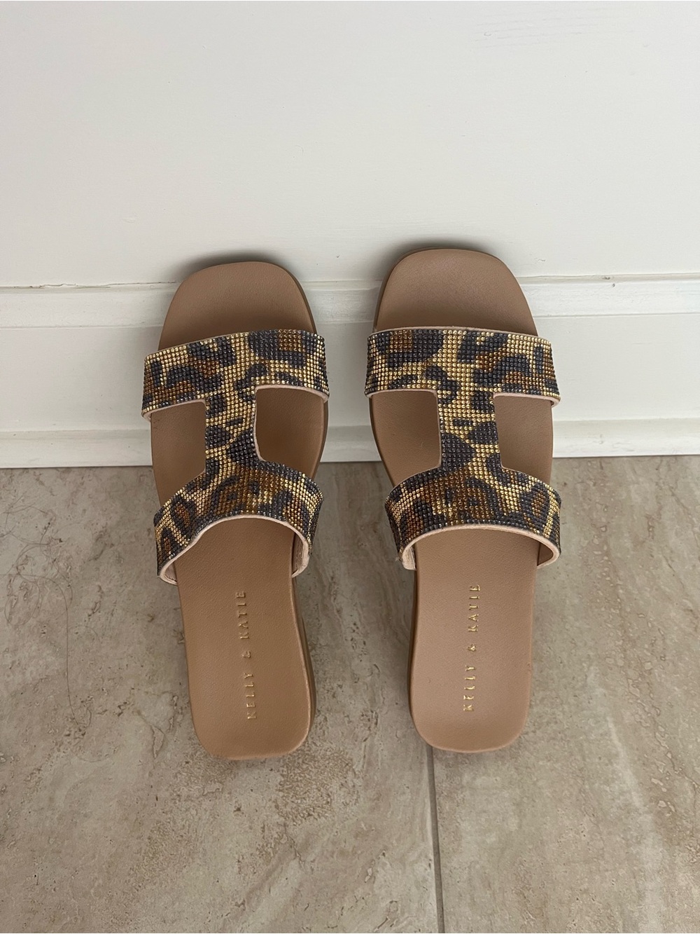 Kelly & Katie Leopard-Print Slip-On Sandals in Tan and Black